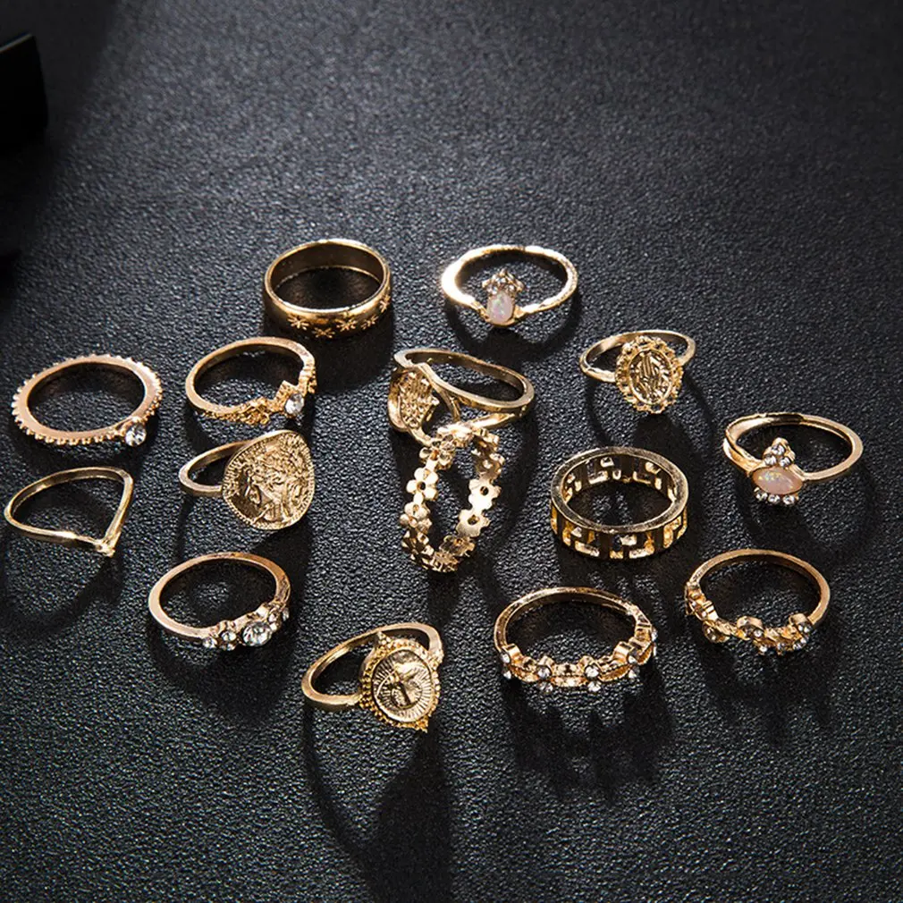 Креативный винтажный набор колец, золотая монета с крестиком, бриллиантовое кольцо для любви, 15 шт., винтажный набор колец