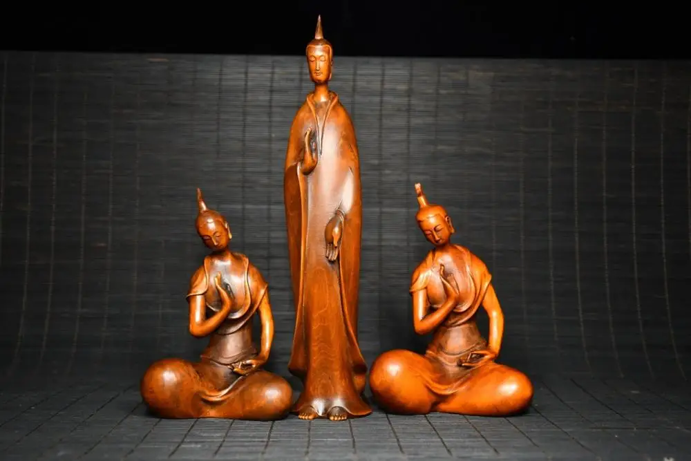 

Home Decor 9" China Collection Old Boxwood One Buddha and two disciples Amitabha Buddha Statue 3Monk Statue set