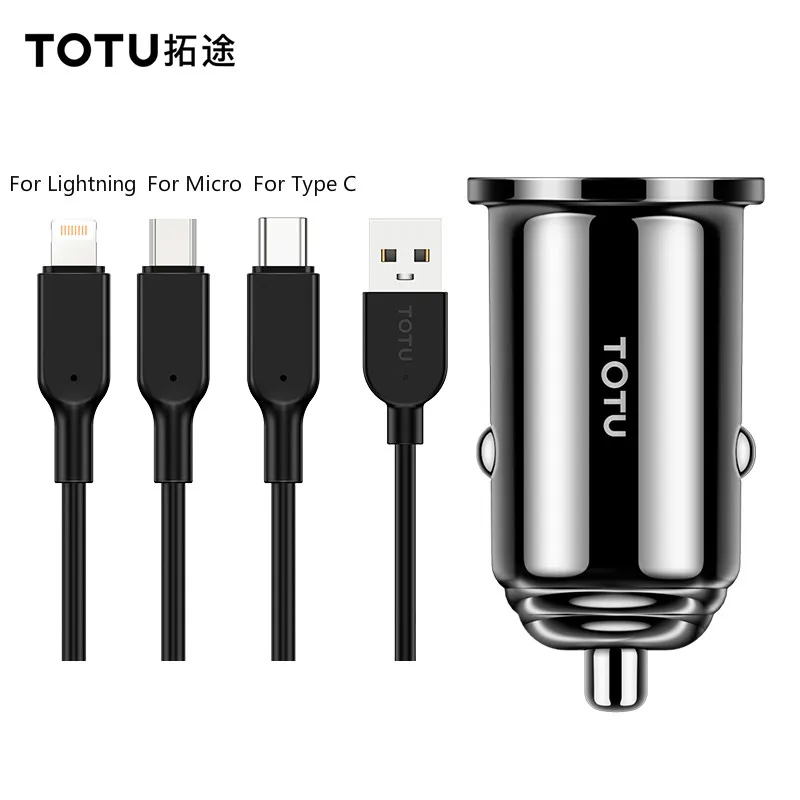 

TOTU Car Phone Charger With USB Cable For iphone 11 7 Samsung S10 Xiaomi 3.4A Dual USB Lightning Micro USB Type C Cable Charger