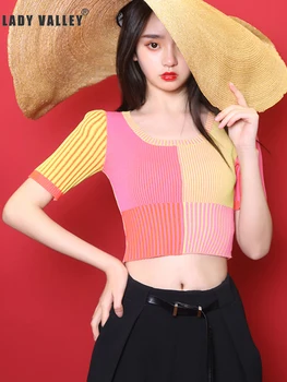 

Free shipping Heavy crafts Contrast stretch stretch Slim short knit pullover ladies spring and summer fashion wild tops