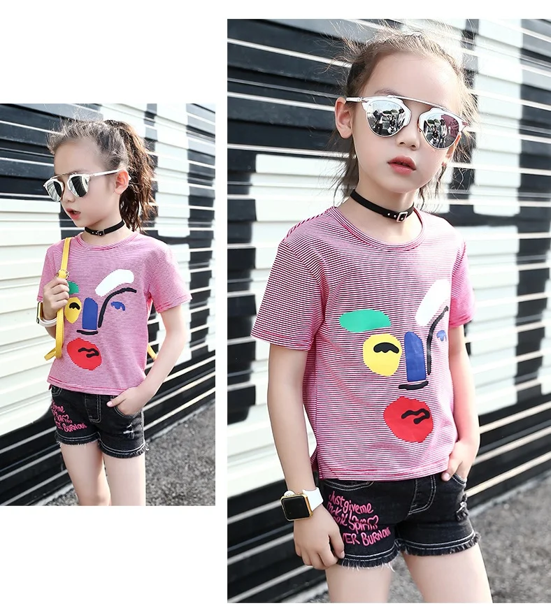 Girls O-Neck Striped T-Shirt Boys Fashion Summer Short Sleeve Shirt Children Unisex Cotton Cartoon Pattern Tops AA51800