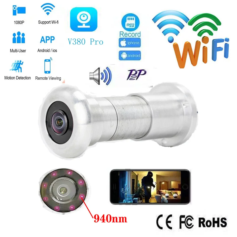 Photo Product Door eye security 2mp HD 1.56mm lens wide angle fisheye infrared night vision 940nm network mini peephole WifI camera onvif