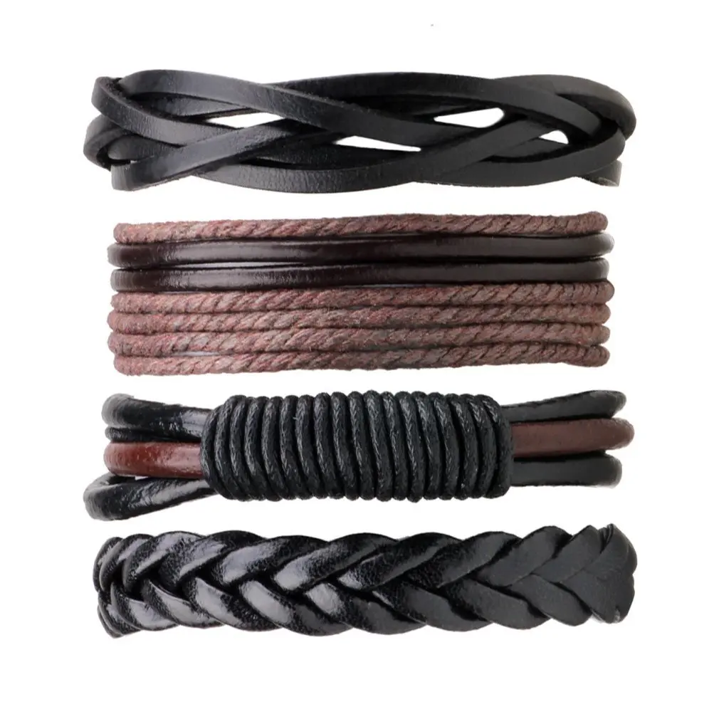 

4PCS/PACK Punk Style Vintage Handmade PU Leather Braided DIY Men Black Brown Casual Bracelets Fashion Jewelry Accessories