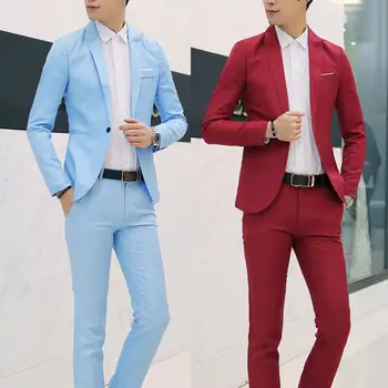 

2Pcs Men Suits Solid Color Long Sleeve Single Button Slim Blazer (Jacket+Pants) Suits for Men Wedding Busniess costumes homme