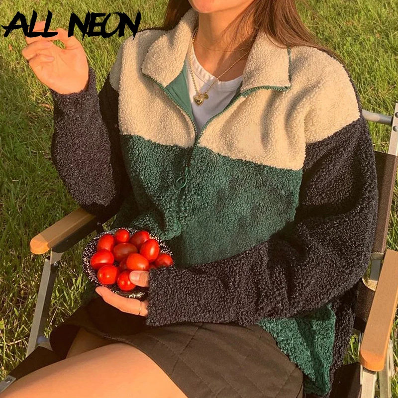 

ALLNeon Y2K Fashion Patchwork Faux Lambswool Zip up Oversized Coats Harajuku Turn Down Collar Long Sleeve Jackets Vintage 90s