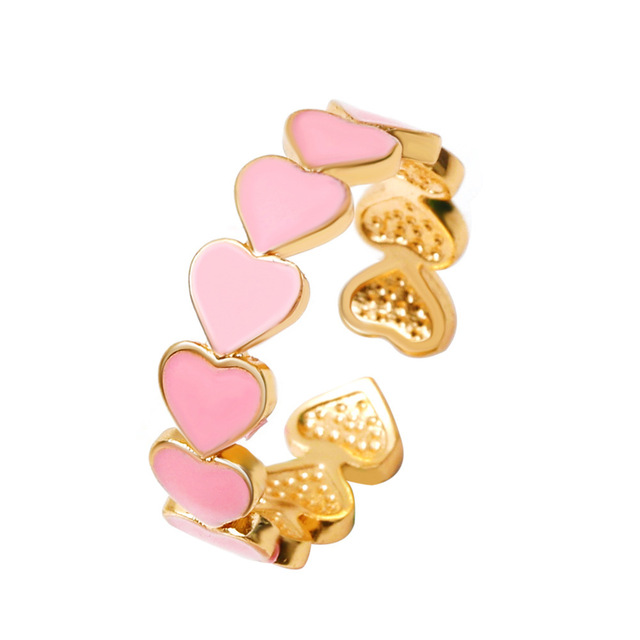 Vintage Bohemia Pink Enamel Love Heart Opening Ring Cute  Finger Rings For Women Girl's Rock Jewelry Gift For Girlfriend