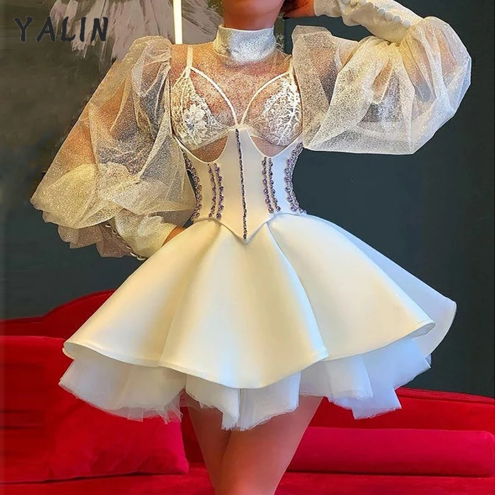 YALIN Little White Gown High Neck Short Puffy Homecoming Dresses Illusion Long Sleeve Aso Ebi Arabic Formal Vestidos De Fiesta