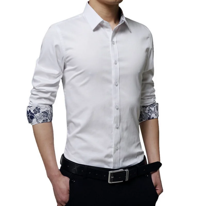 Solid White Клетчатая Мужская рубашка с длинным рукавом, мужская деловая одежда с отложным воротником, модные Лоскутные рубашки, топы 5XL - Цвет: Solid White