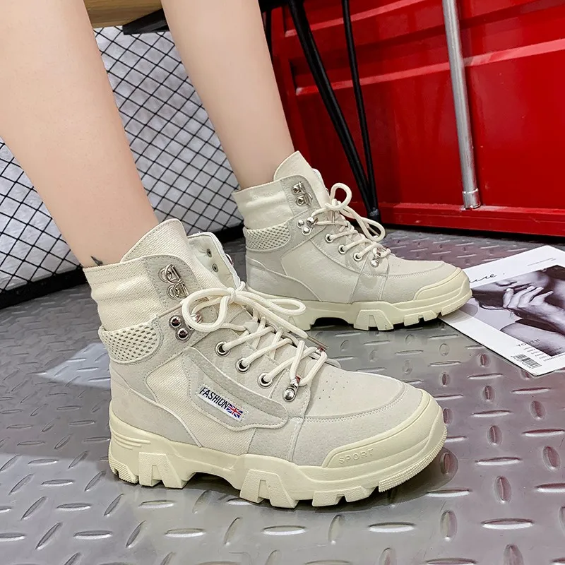

Boots Women Fashion Solid Leather High Heels Lace-Up Thick Martin Boots Round Toe Shoes Outdoor PU Leather Winter Female Shoes