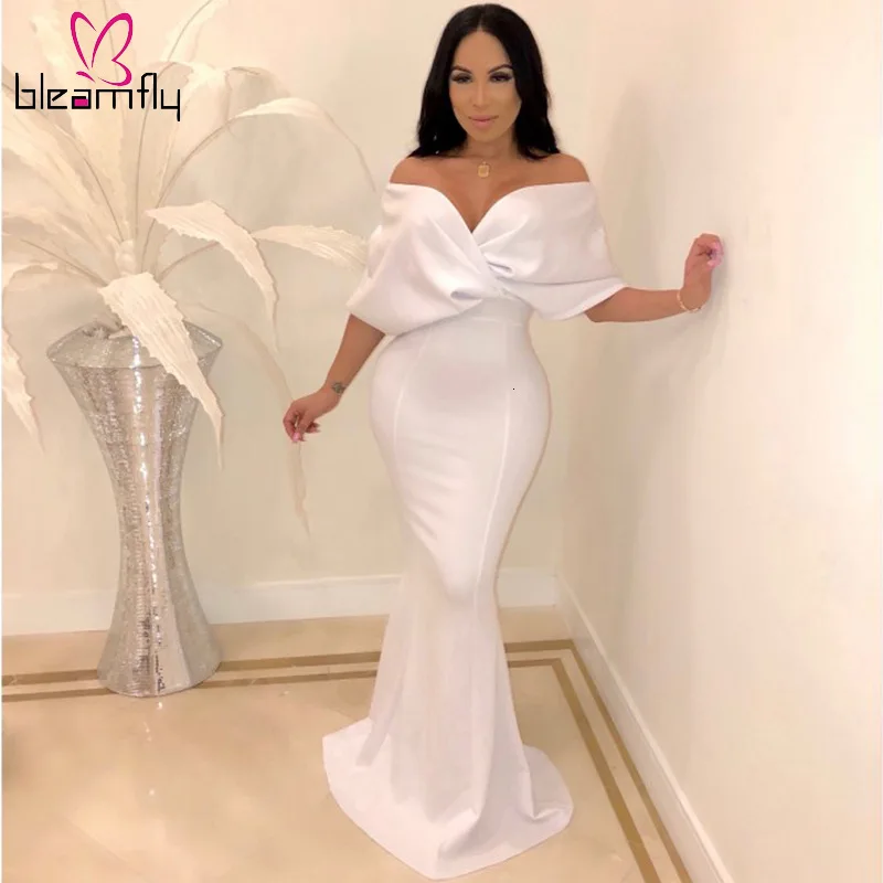 

New 2019 Women Off Shoulder Plunging V-neck Tie Up Half Sleeve High Waist Floor Length Party Maxi Mermaid Dress 4 Colors