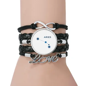 

Aries Constellation Sign Zodiac Bracelet Love Black Twisted Leather Rope Wristband