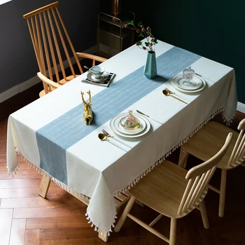 

Rectangular Cotton Table Cloth Jacquard Damask Tablecloths 100% Linen Striped With Lace Tassels For Wedding