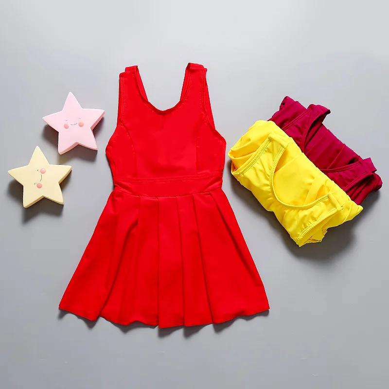 

Girls Hot Springs Bathing Suit Conservative CHILDREN'S Swimsuit Solid Color Dress-Tour Bathing Suit Small Children Student Unifo