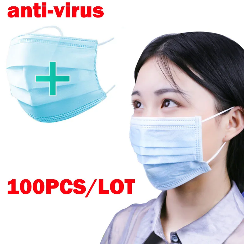 

100PCS 3 Layers Dustproof Disposable Protective Mask Facial Protective Cover Masks Maldehyde Prevent bacteria anti-virus Masks