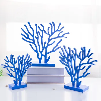 

Blue and White Coralline Mediterranean Style Wooden Coral Three-piece Set Desktop Decoration Ornaments Wooden Home Crafts