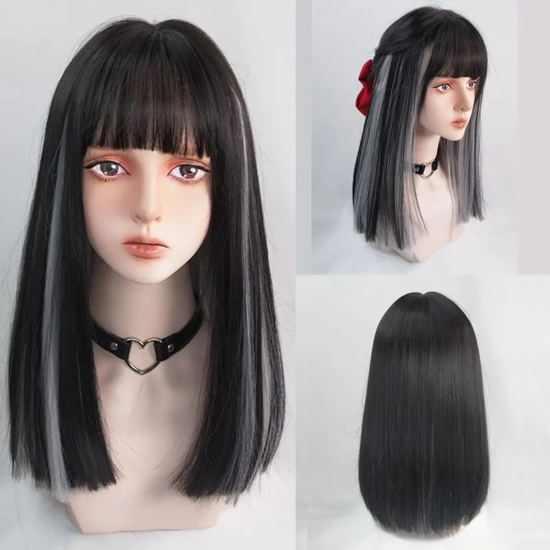 VICWIG Synthetic High Temperature Fiber Long Straight Wigs for Women Purple Gray Green Cosplay With Bangs Natural Hairpieces