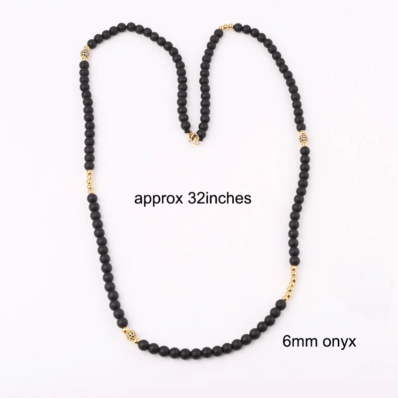 New Design Natural Stone Matte Onyx Stainless Steel Beads CZ Pave Ball Men Long Necklace 32inches Jewelry Gift Male - Image 2