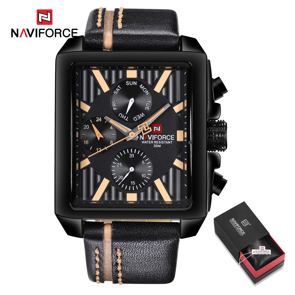 Black Brown in Box NAVIFORCE Брендовые мужские кварцевые часы, мужские часы с датой, отображением недели, прямоугольные водонепроницаемые часы с циферблатом, кожаные Наручные часы, мужской подарок - Цвет: Black Brown in Box