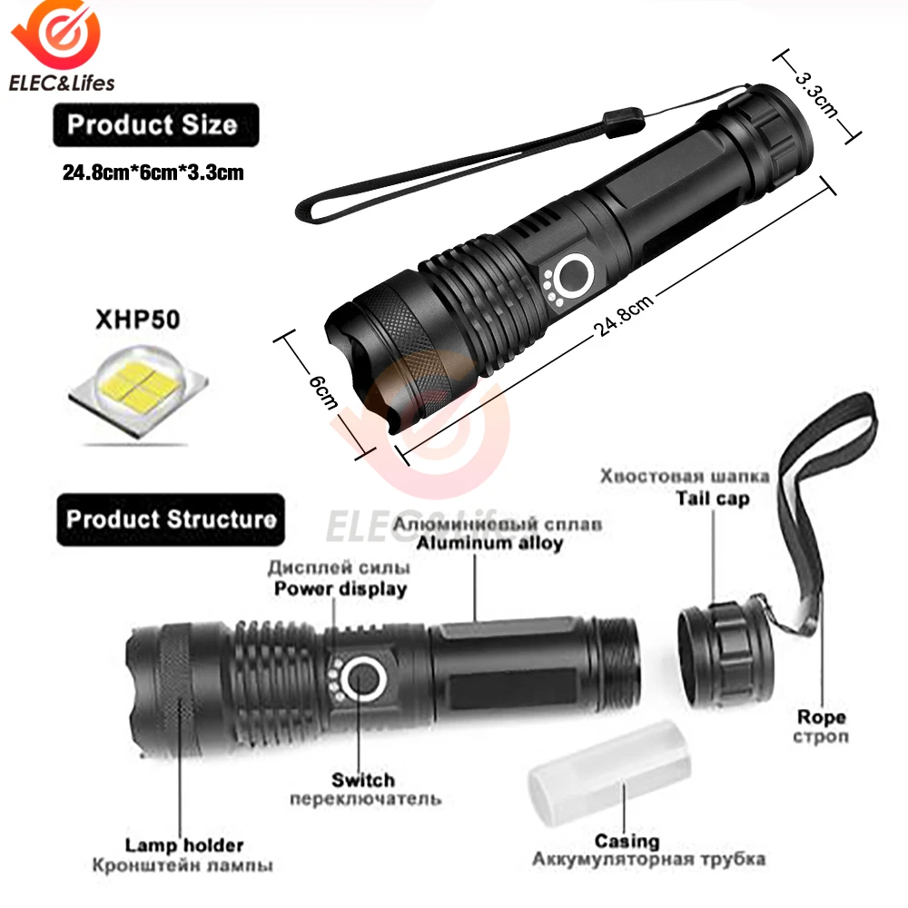 USB Powerful xhp70.2 Flashlight Torch 30000 Lumens Lamp Rechargeable Zoom LED Tactical Torch xhp70 xhp50 18650 or26650 battery
