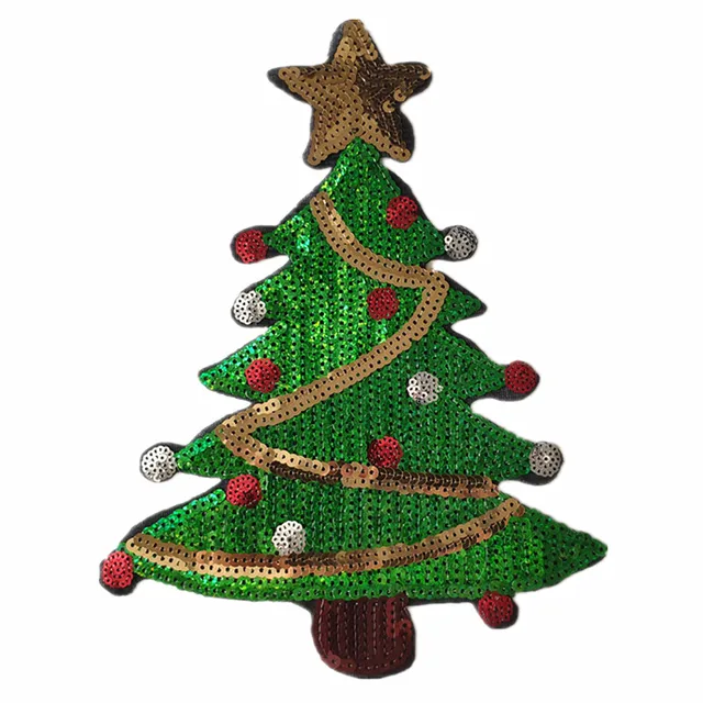 24CM Christmas Tree Patch Diy Clothes Stickers Green Sequins Large Biker Badge Iron On Patches For Clothing Strange Things Antique Brass