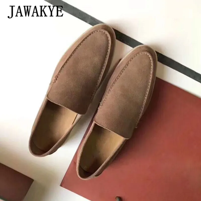 JAWAKYE/мужская повседневная обувь из натуральной кожи телесного цвета на плоской подошве; Лоферы без шнуровки с круглым носком; удобная прогулочная обувь разных цветов - Цвет: brown suede