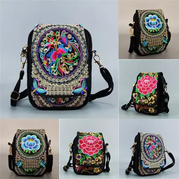 

Vintage Mini Women Shoulder Bag Embroidered Travel Pouch Chinese National Floral Crossbody Zip Bag Tote Messenger