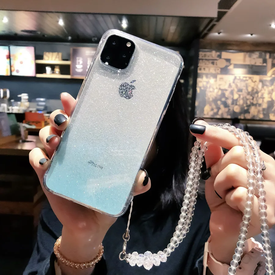 Чехол из ТПУ с ремешком и цепочкой для iPhone 6, 6s, 11 Pro, Xs, Max, шейный ремешок для переноски, чехол с блестками для iPhone 7, 8 Plus, Xr X