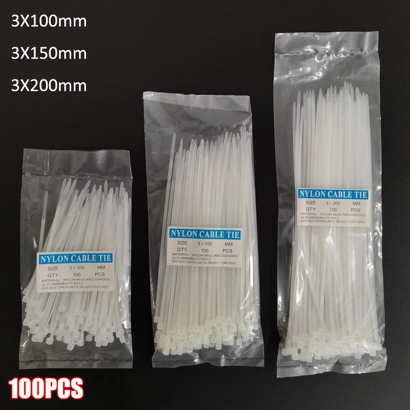 3X100/150/200MM nylon cable tie Self-locking Plastic White Organiser Fasten Cable Wire Zip Ties Hose clamp 100pcs/bag | Обустройство