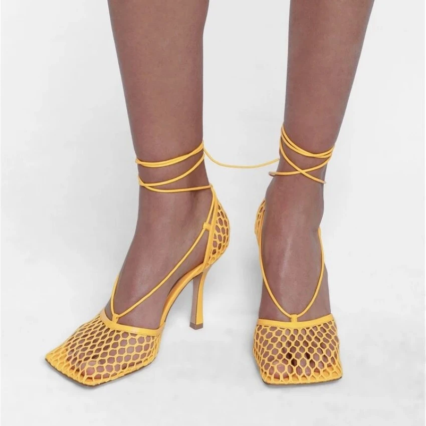 Women High Heels Sexy Green Mesh Square Toe Lace Up Cross-tied Stiletto hollow for Party women high heels platform high heels sandals