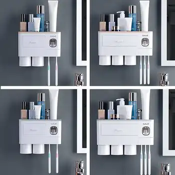 

2 Color Bathroom Accessories Toothbrush Holder Automatic Toothpaste Dispenser Holder Wall Mount Rack Storage For Bathroom Home