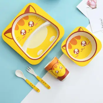 

5Pcs/set Baby Plate Dishes Koala Cat Eco-friendly Bamboo Fiber Solid Feeding Creative Children Tableware Dinnerware Baby Care