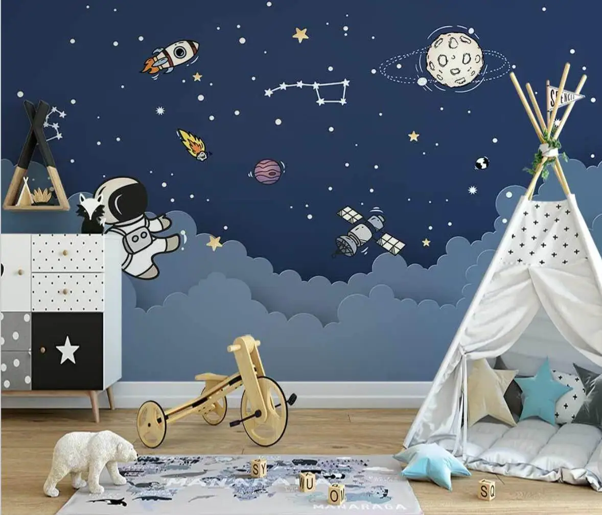 

beibehang custom cartoon universe starry sky clouds astronaut wallpaper for Child's room decoration TV background 3D wall paper