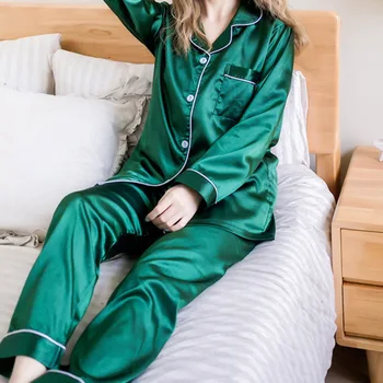 

2 Stück Faux Silk Satin Pyjamas Set Herbst Frauen Nachtwäsche Langarm Nachthemd für Weibliche Damen Pyjamas 2020 Neue