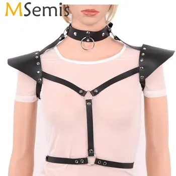 

MSemis Women Faux Leather Open Bra Top Punk Gothic Adjustable Body Chest Harness Belt with Shoulder Armor Cosplay Club Costumes