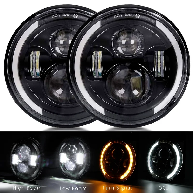 7&quot Inch 12V 24V Motorcycle Headlight Led White DRL Halo Ring Driving Light for Jeep Road King Cafe Racer Sporty Black |