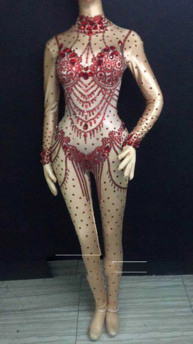 Jumpsuit Sparkly Crystals Nude Stretch Stones Outfit Celebrate Bright Rhinestones Bodysuit Costume Female Singer Birthday Dress