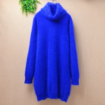 

Supply women ladies high quality solid slim long sleeve turtleneck mink cashmere knitted long sweater loose pullover dress blue