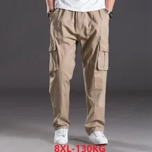 Весенние мужские брюки-карго, брюки, большие размеры 5XL, эластичные брюки, стиль сафари, прямые карманы, хаки, 7XL, 8XL, свободные штаны