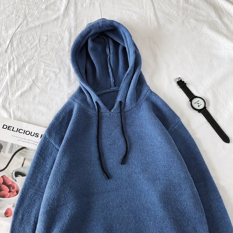 Winter Hooded Sweater Men's Warm Fashion Solid Color Casual Knit Pullover Men Wild Knitting Sweaters Male Sweter Clothes M-2XL - Цвет: blue