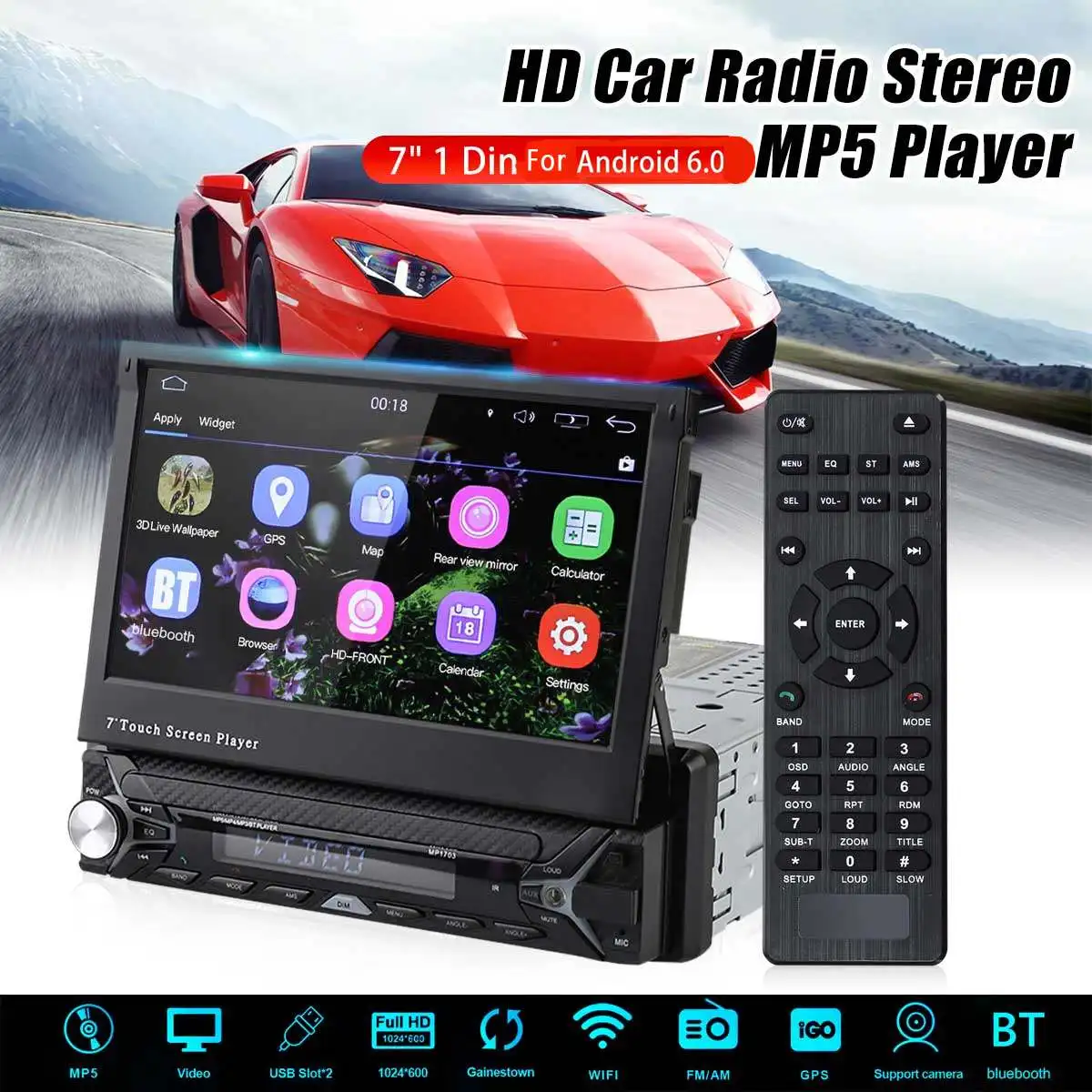 

1 Din 7" Universal Quad Core for Android 6.0 Car DVD Player WIFI GPS Stereo Player bluetooth Radio Indash Car Multimedia Player