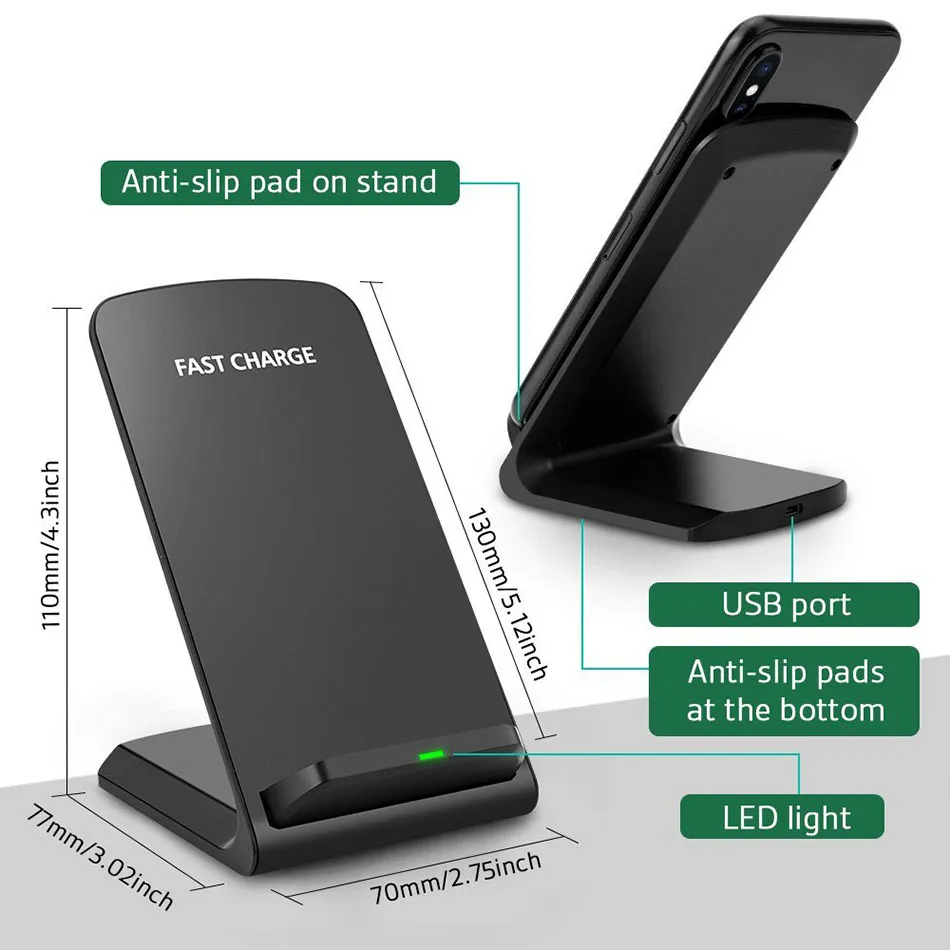 KEPHE 10 Вт QI Беспроводной Зарядное устройство Quick Charge 3,0 быстрой зарядки для iPhone 8 10 XR samsung S10 S9 S8 2 катушки Стенд 5 V/2A& 9В/1.67A