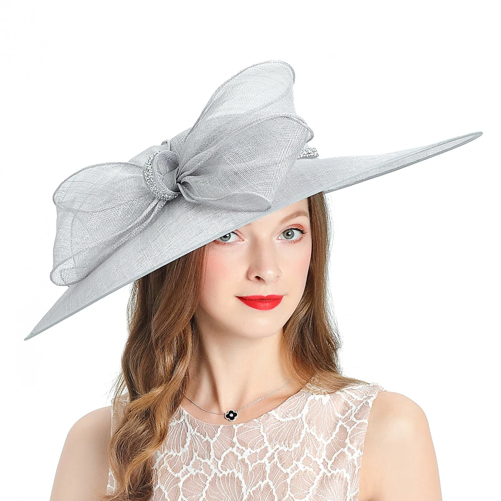 Elegant Woman Hat Linen Fedora Royal Wedding Cap for Church Tea Party Fascinator Gray Hats for Brides Wide Brim Bow Big Top Hats