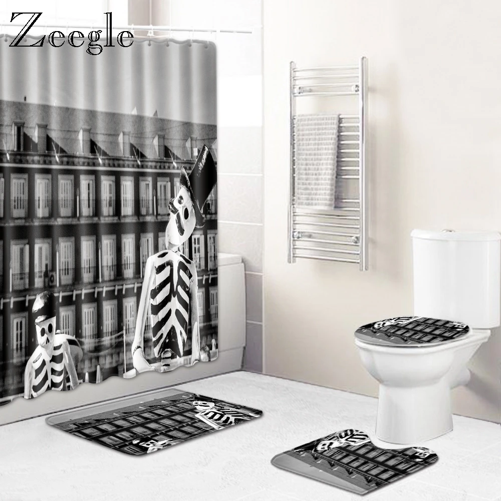 Zeegle Halloween Bath Mat Printed Bath Mat Set Creative Mat for Toilet Decoration Flannel Bath Soft Carpet Toilet Shower Curtain
