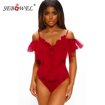 

SEBOWEL 2020 Cold Shoulder Tulle Mesh Ruffled Thong Bodysuits Woman Summer Lady Deep V-neck Red/Black Female Body Tops Clothes
