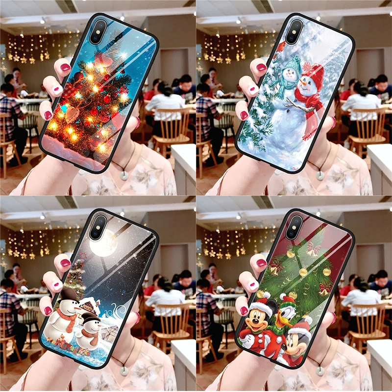 

Merry Christmas Snowman Tempered Glass TPU Case For iPhone 11 Pro XR XS MAX X Cover For iPhone 6 7 8 6 Plus Case Back Bags Coque