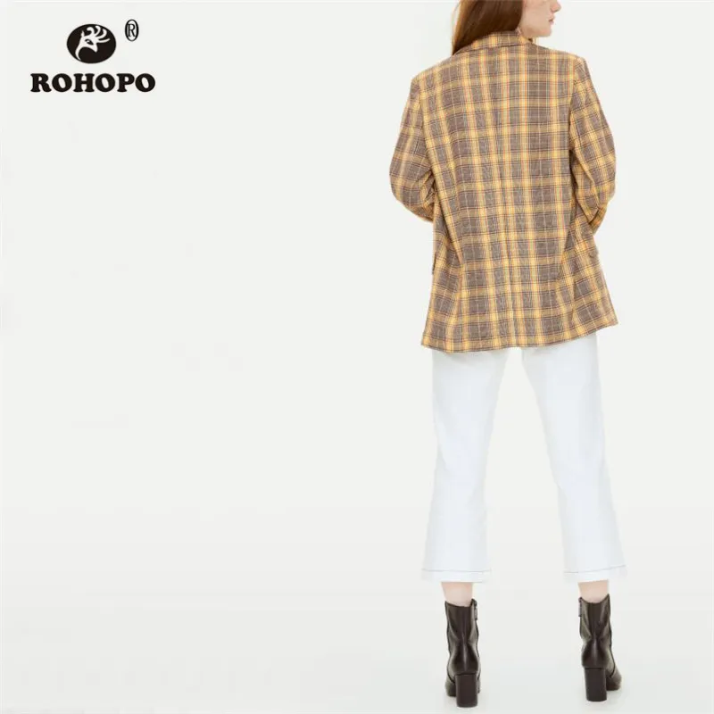 ROHOPO Double Breast Buttons Thin Striped Gradient Fly Plaid Khaki Blazer British Academy Notched Collar Straight Outwear #9282 ROHOPO Double Breast Buttons Thin Striped Gradient Fly Plaid Khaki Blazer British Academy Notched Collar Straight Outwear #9282