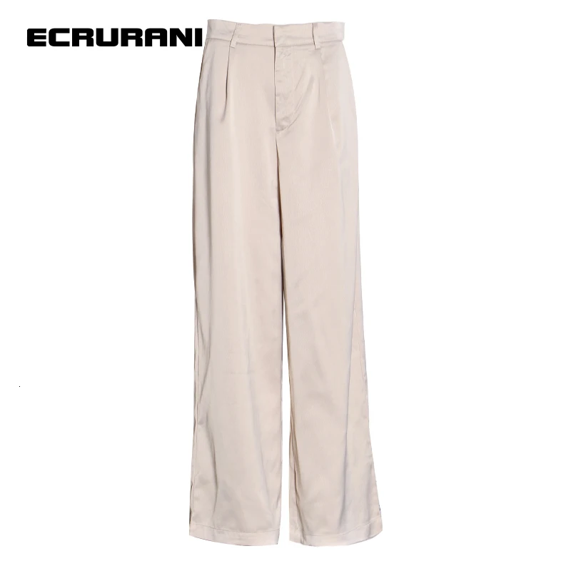 ECRURANI Casual Fold Pleated Loose Pant For Women High Waist Pockets Wide Legged Straight Trousers Female 2022 Spring Clothing women s maternity fold over comfortable high waist lounge pants versatile comfy stretch pregnant trousers pregnancy clothing