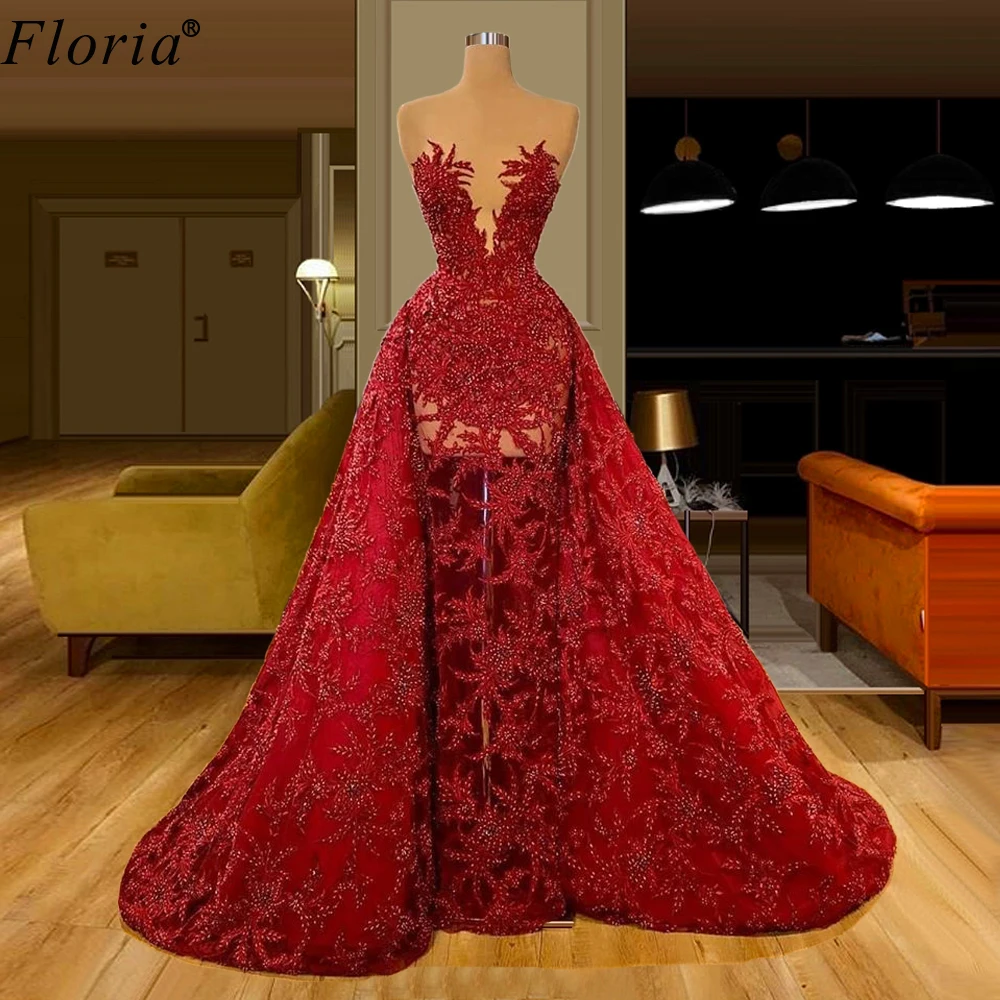 2020 Neue Mode-Rote Spitze Prom Kleider Meerjungfrau Kaftan Couture Abiti Da Cerimonia Da Sera Lange Dubai Abendkleider Formale dresss