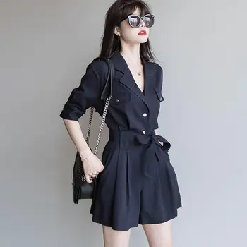 

Women 2020 Summer Button Elegant Sash Belt Playsuits Female Short Sleeve Romper Ladies Casual Slim Short jumpsuit Overalls L119
