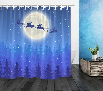 

Blue Night Sky Moon Pine Forest Santa Fabric Shower Curtain Set Bathroom Decor